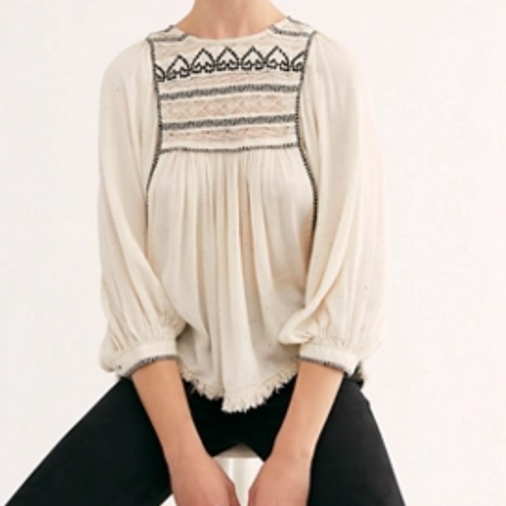 Free People Edwardian Peasant Blouse Cyprus Avenue Puff Sleeve Embroidered Small